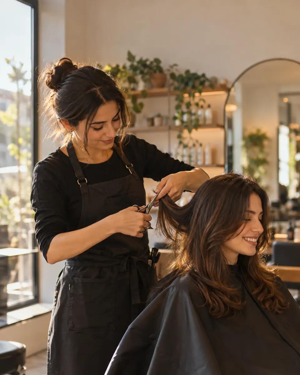 Salonunda müşterisinin saçını kesen kuaför
